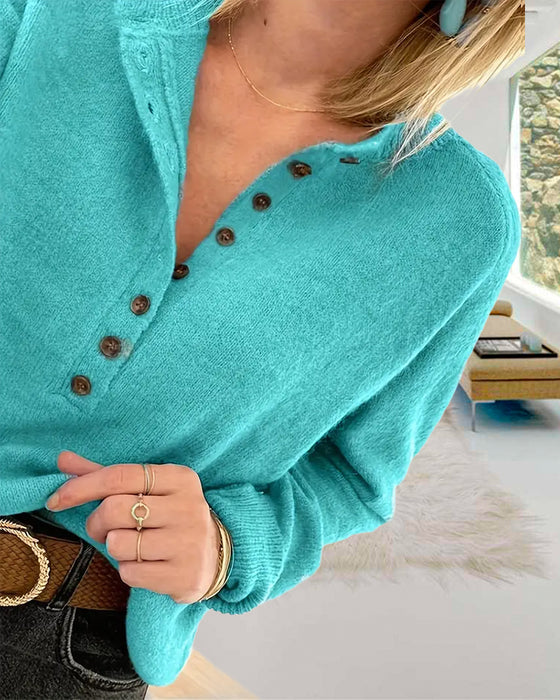 Pull décontracté à simple boutonnage de couleur unie