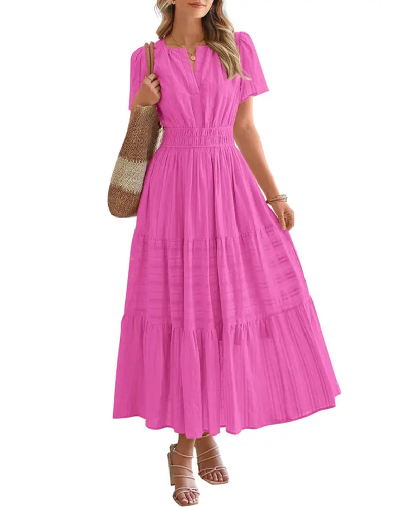Robe Col En V Froncé Manche Bouffante Manches Courtes