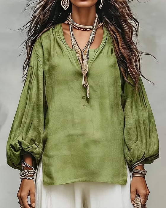 Blouse Décontractée Manche Lanterne Unie Coupe Loose
