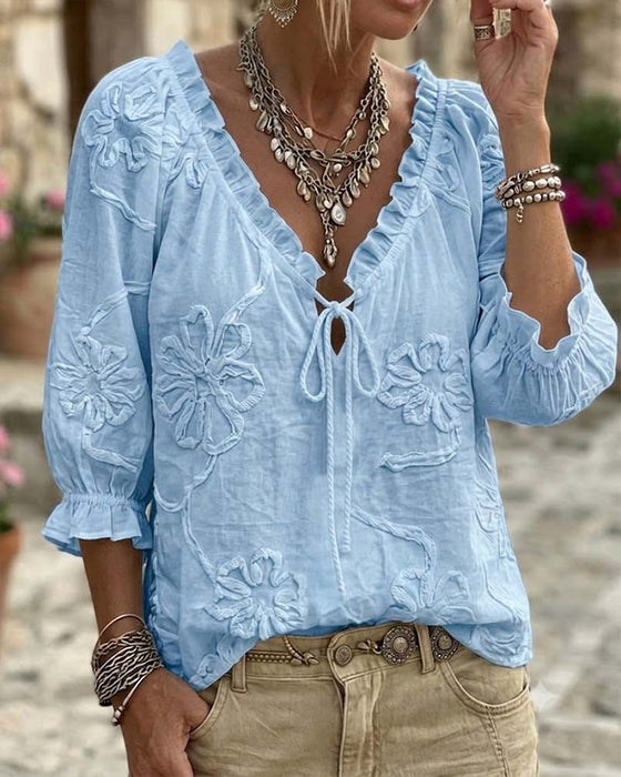 Blouse 100% Coton Col-V Enveloppante À Nœud Volantée