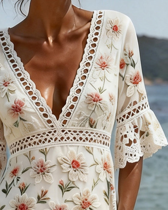 Robe Évidé Patchwork Col V Florale