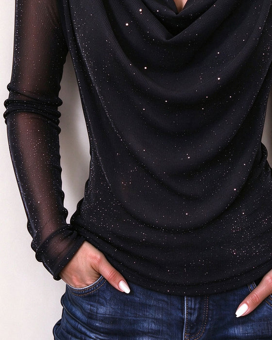 Haut Brillant Col Cloche Mesh Manches Longues