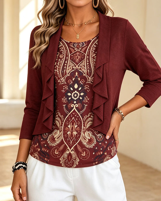 Blouse Imitation Deux Pièces Volant Imprimé