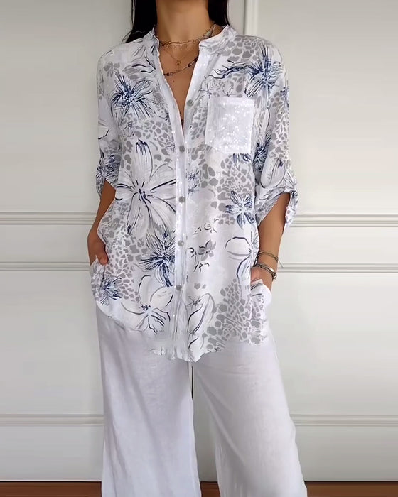 Chemise Col Montant Poche Imprimée