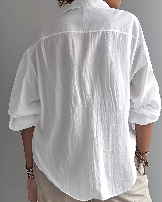 Blouse Unie Col Patte Demi-Patron Manches Longues