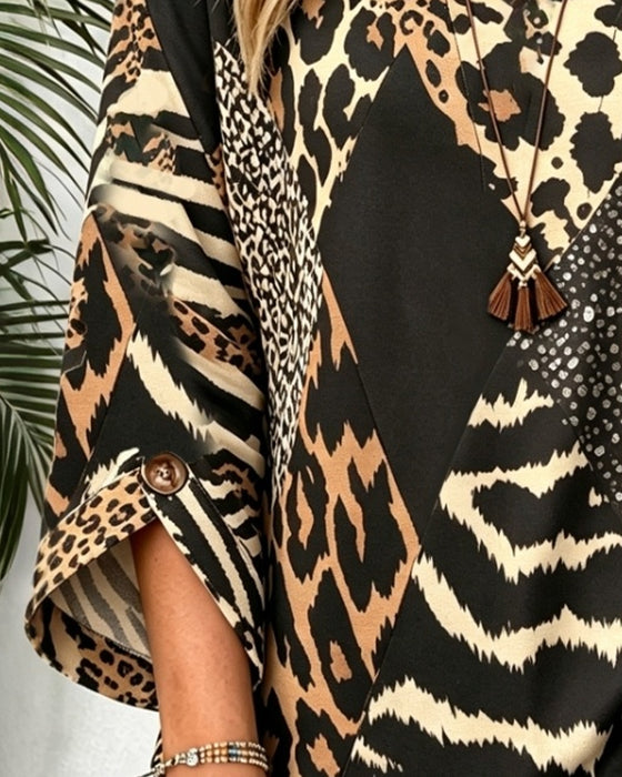 Blouse Col Rond Bouton Léopard Froncée