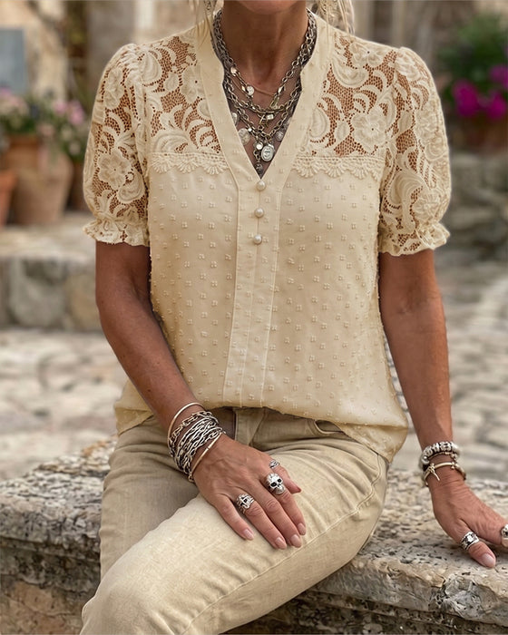 Chemisier Dentelle Patchwork Manche Bouffante Col V