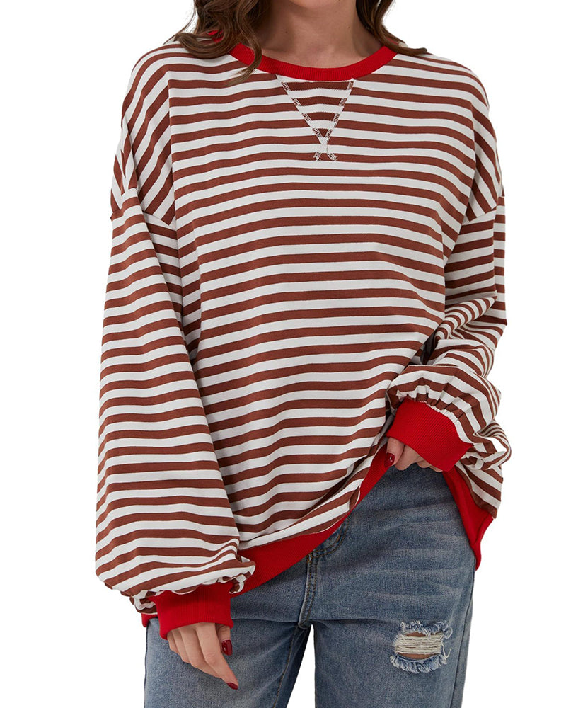T-Shirt Rayé Col Rond Bloc De Couleur