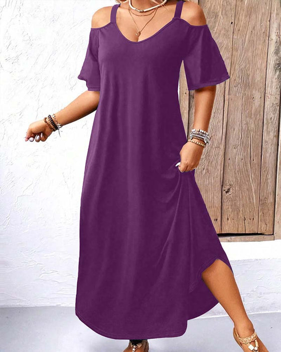 Robe Unie Col En V Épaules Dégagées Longue