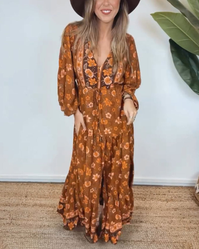 Robe à imprimé floral vintage avec col en V et manches lanterne