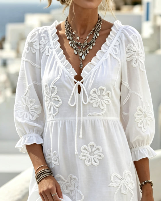 Robe Col V Volant 3D Florale