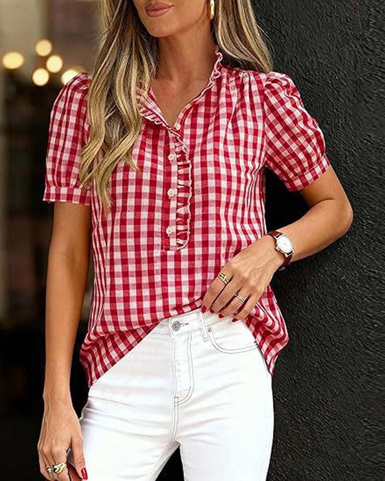 Blouse À Carreaux Bouffante Manches Courtes