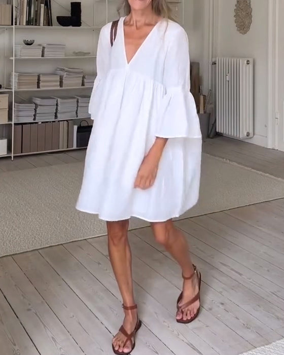 Robe Col V Décontractée Unie