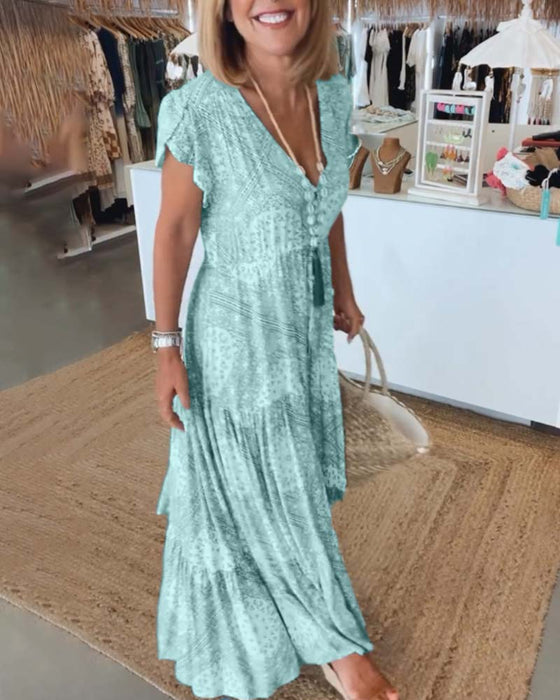 Robe à manches fendues et col en V imprimé vacances