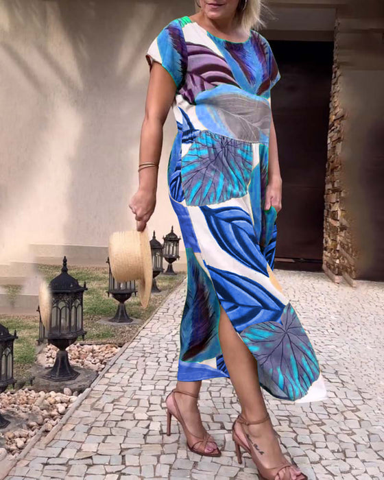 Robe fendue à manches courtes et imprimé feuilles