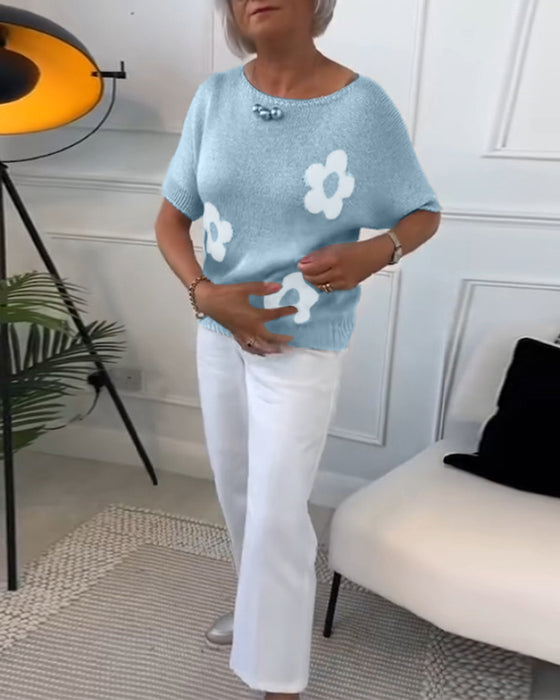 Pull col rond slim fleuri