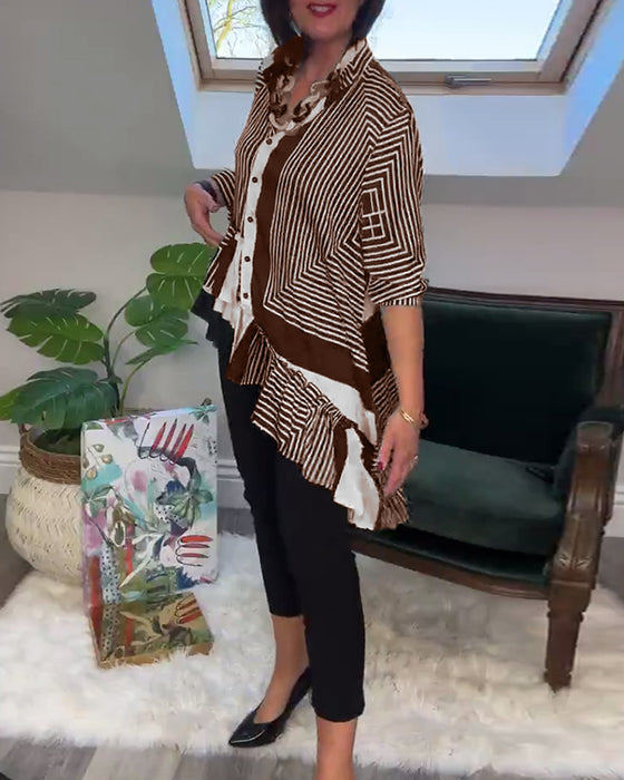 Chemise patchwork irrégulière à boutons imprimés à la mode