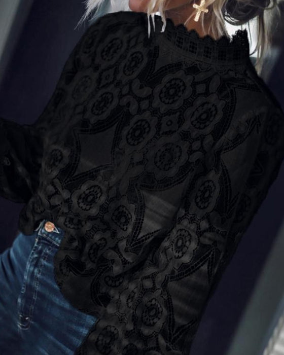 Blouse Sexy Transparent Manches Longues Col Montant Dentelle