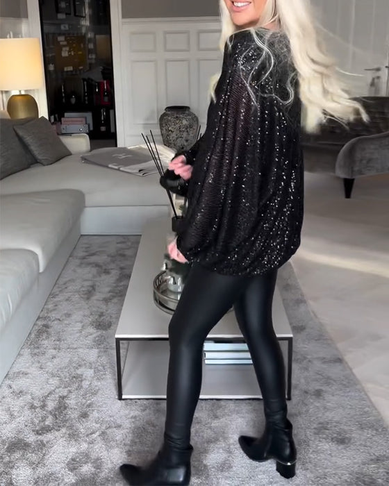 Haut à paillettes à manches ballon et col rond