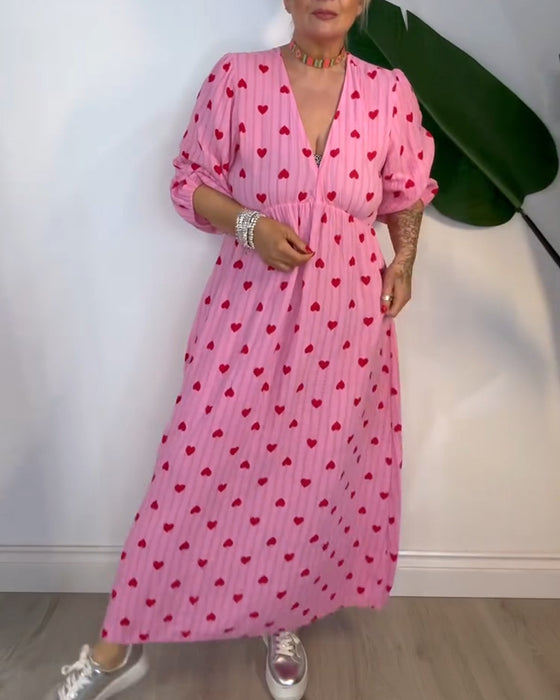 Robe Élégante Col En V Imprimé Cœur