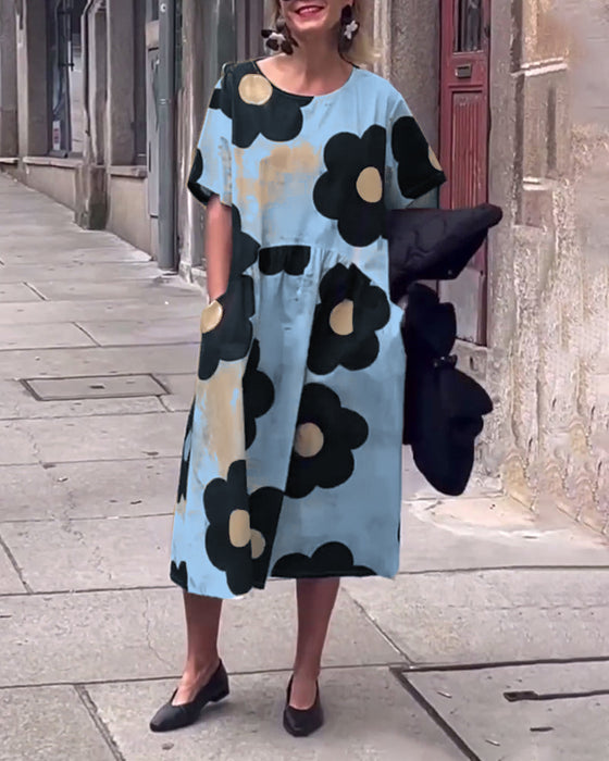 Robe ample à imprimé floral et poche à col rond