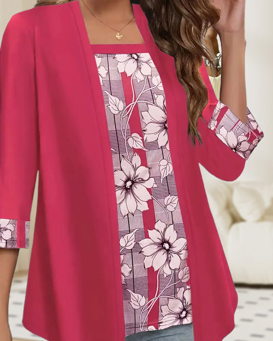 Haut Imprimé Manches Longues Faux Deux Pièces