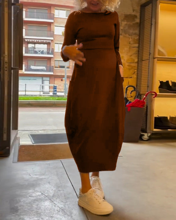 Robe unie à col rond, manches longues et poche