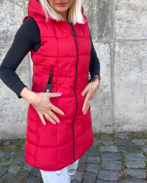 Manteau matelassé sans manches à capuche et fermeture éclair