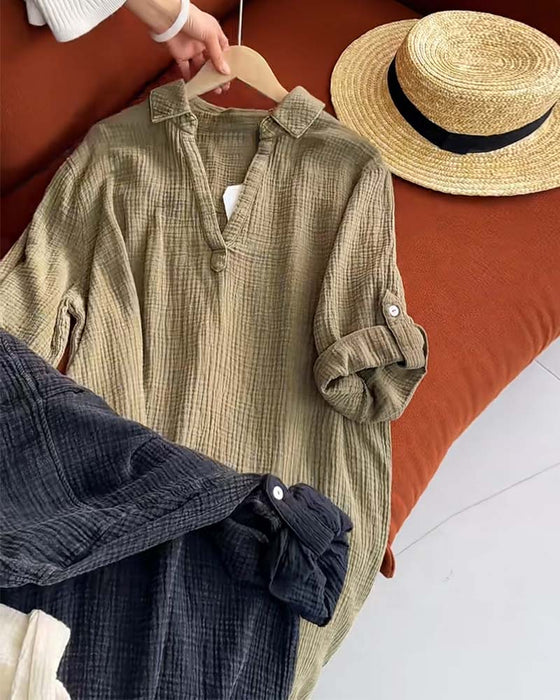 Robe Manches Longues Unie Simple Col Revers