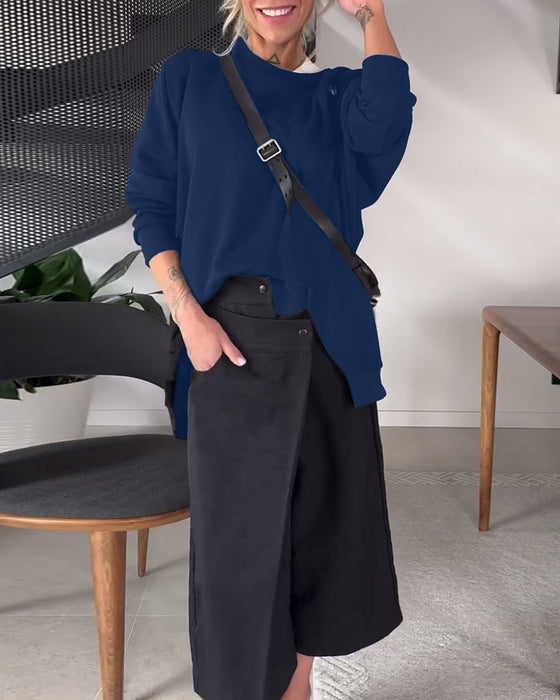 Sweat-shirt décontracté à col rond et fente de couleur unie