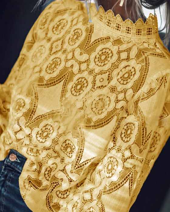 Blouse Sexy Transparent Manches Longues Col Montant Dentelle