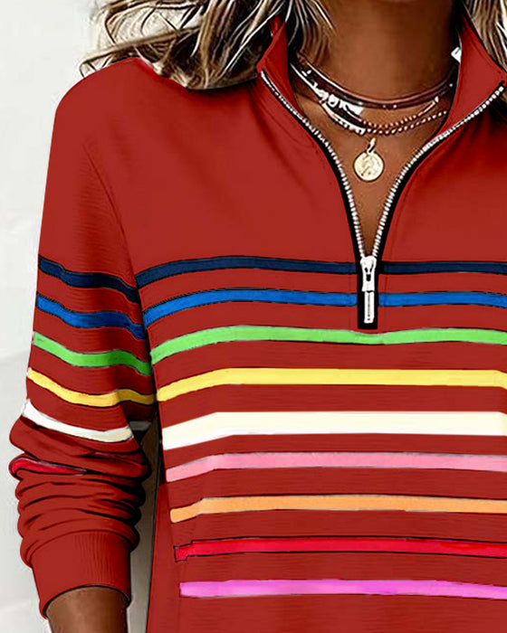 Sweat À Col Zippé À Moitié Avec Rayures Arc-En-Ciel Tendance
