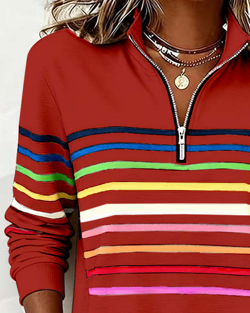 Sweat À Col Zippé À Moitié Avec Rayures Arc-En-Ciel Tendance