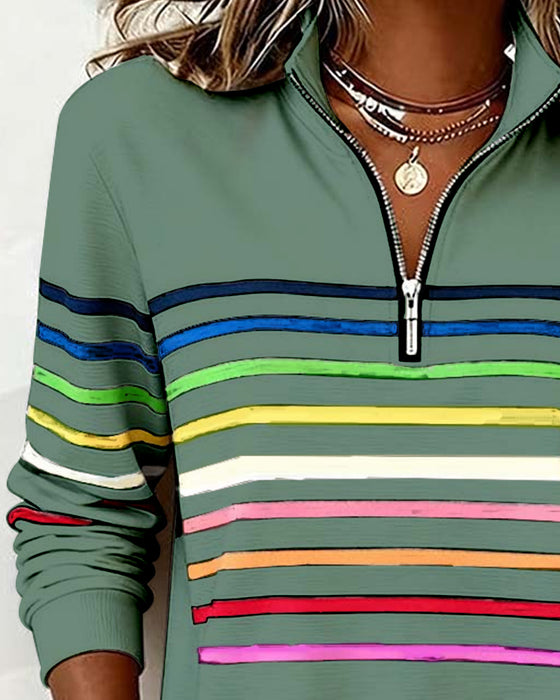 Sweat À Col Zippé À Moitié Avec Rayures Arc-En-Ciel Tendance