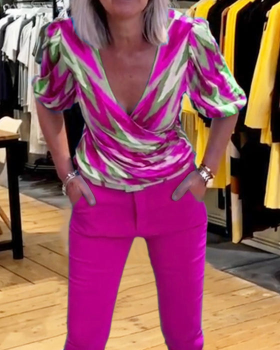 Haut décontracté imprimé en V profond