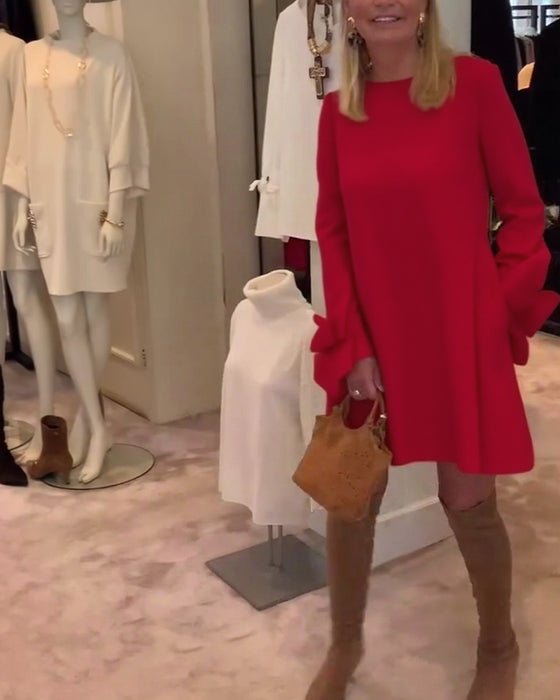 Robe Élégant Col Rond Manche Nœud