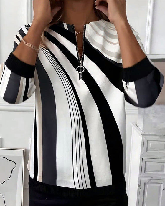 T-shirt décontracté zippé imprimé géométrique