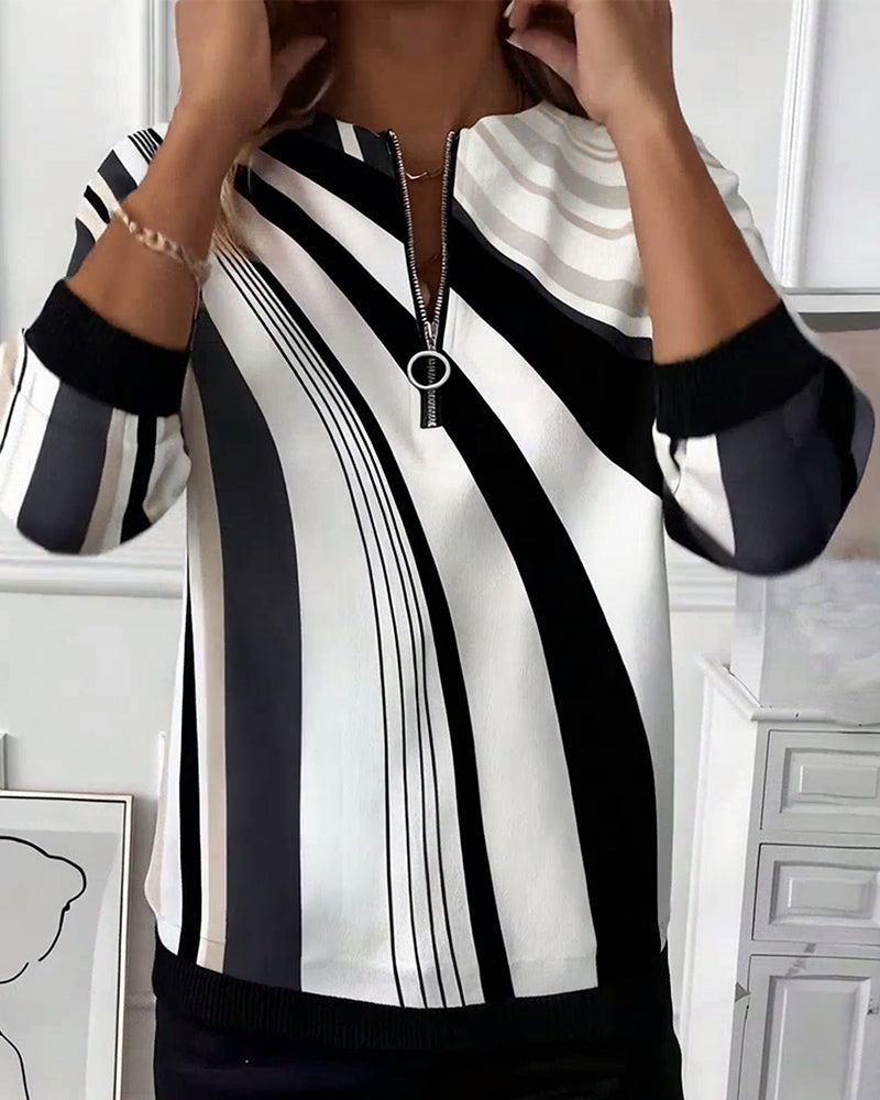 T-shirt décontracté zippé imprimé géométrique