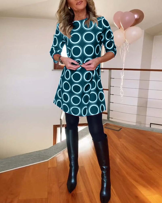 Robe décontractée à col rond et imprimé cercles