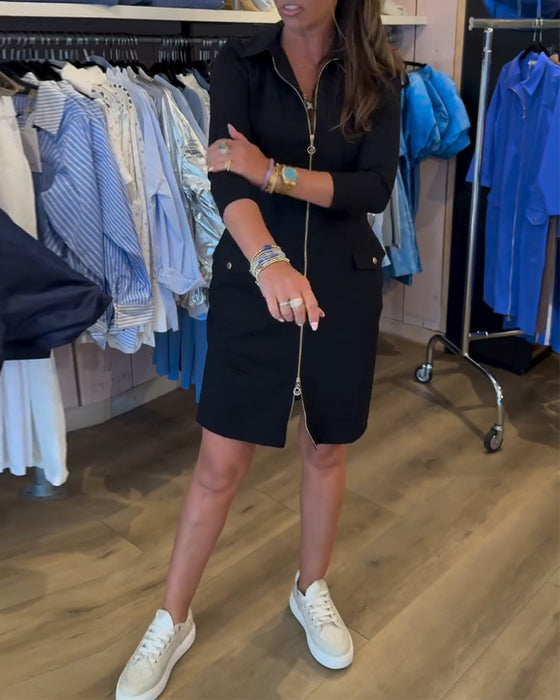 Robe Col Unie Fermeture Éclair Manches Longues