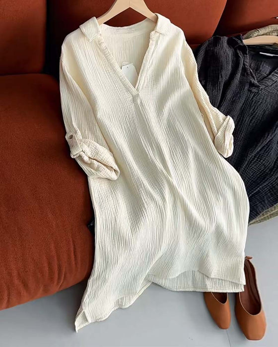 Robe Manches Longues Unie Simple Col Revers