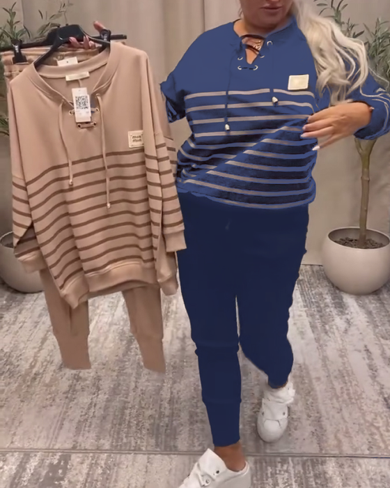 Ensemble Deux Pièces Décontracté Pantalon De Sport Rayé À La Cheville