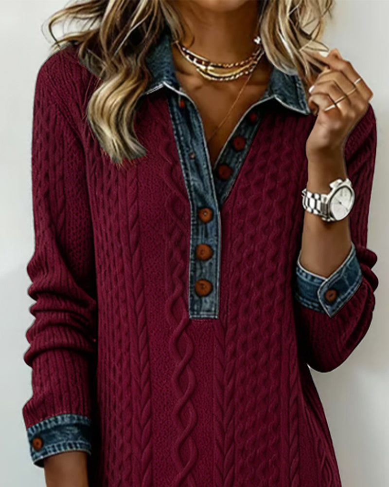 Robe À Col En Jean, Motif Torsadé Et Patchwork