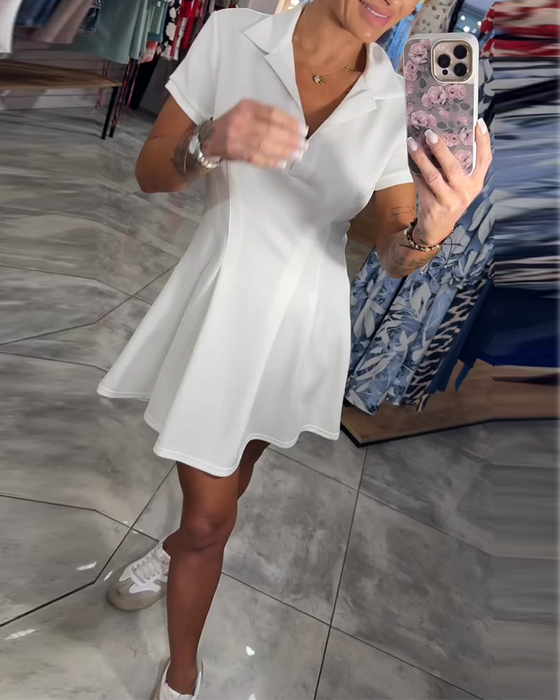 Robe Revers Manches Courtes Plissée Coupe A-Ligne