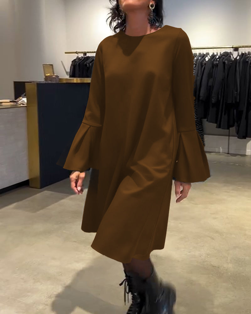 Robe Uni Manche Évasée Froncé