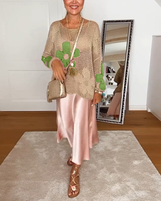 Pull creux décontracté à manches longues et col rond à fleurs