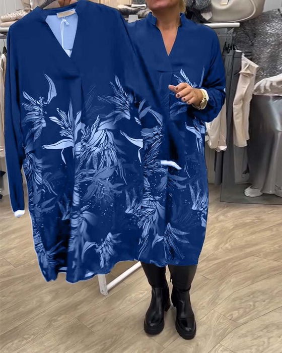 Robe Col V Imprimé Feuilles Manches Longues