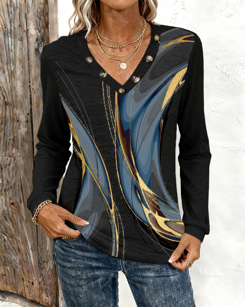 Haut Imprimé Décontracté À Col V Et Manches Longues