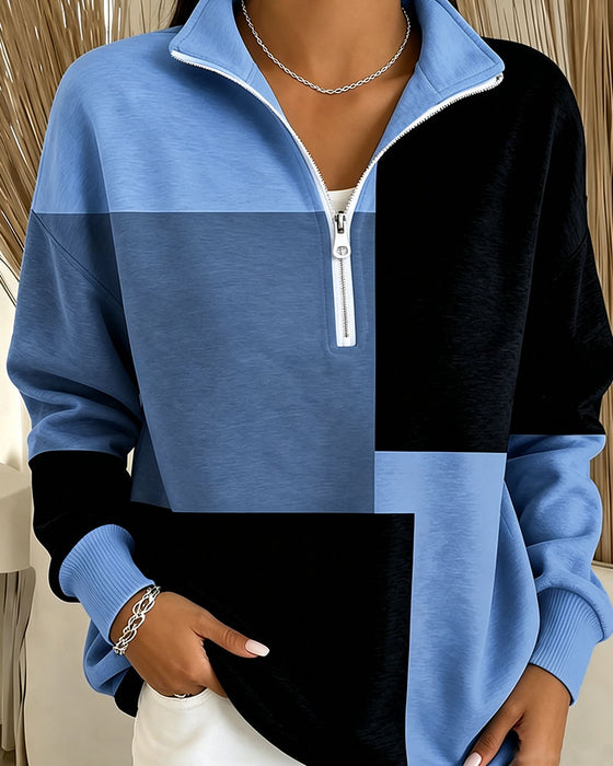Sweatshirt À Carreaux Bloc-Couleur Fermeture Éclair Col-Debout