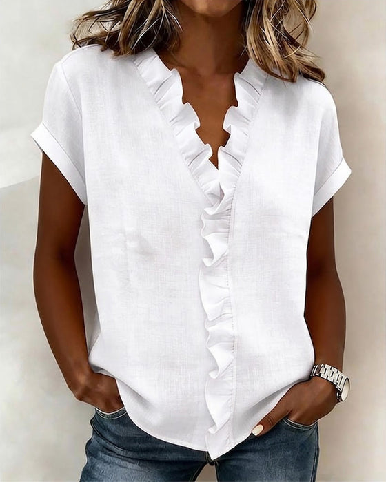 Blouse À Manches Courtes En Pur Coton Avec Col À Volants